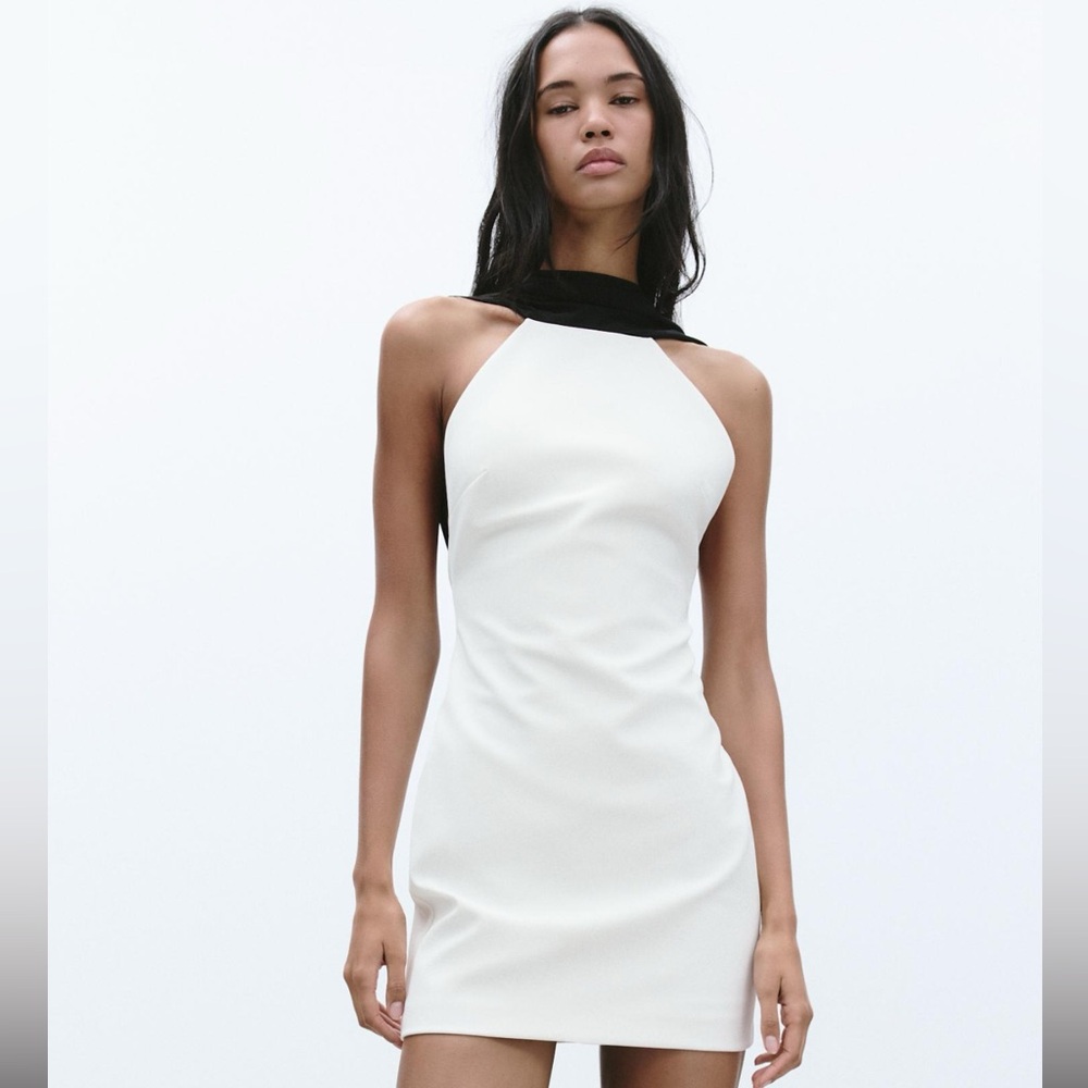 Zara COMBINATION SHORT DRESS White Mini with black bow witchy cocktail